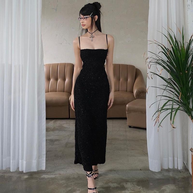 Sexy Backless Sequined Hollow-Out Dress With Straps Summer Pure-Desire Style Hot Girl Long Dress With Long Sleeves S чёрный