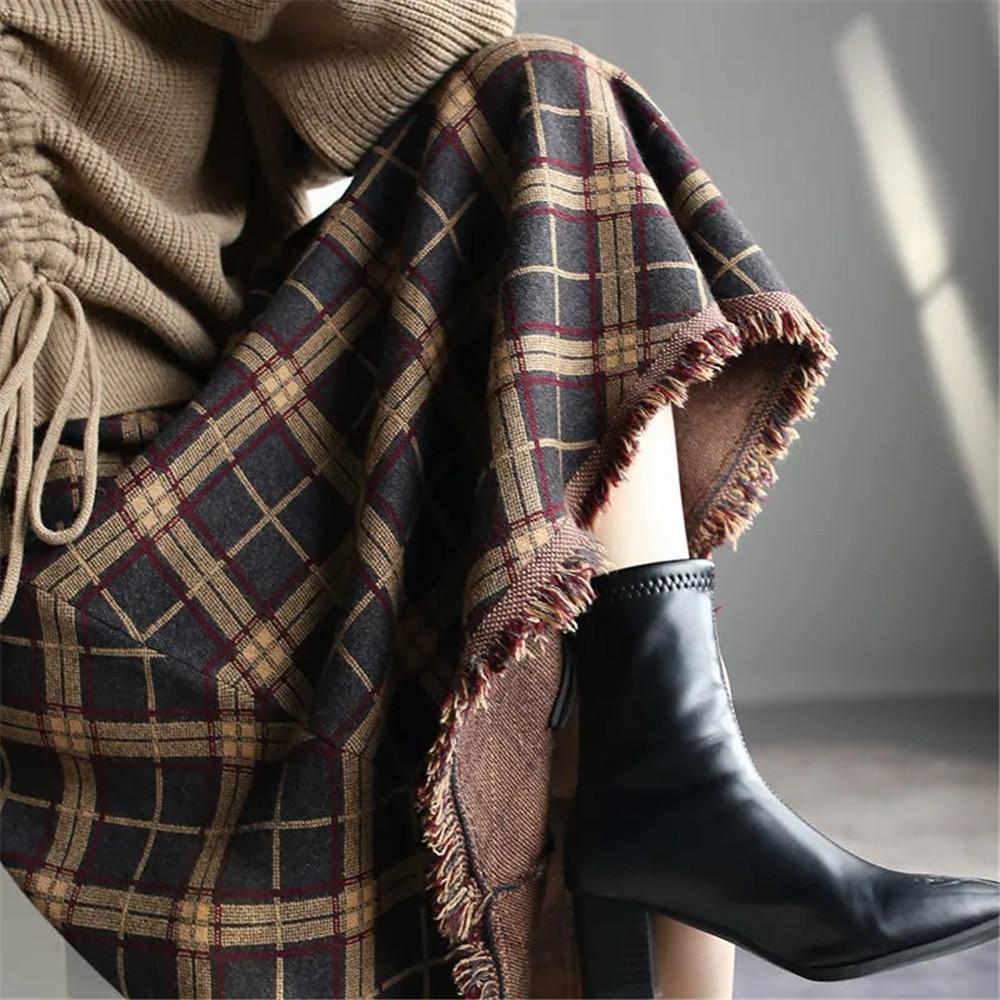 Winter Knitted Tassel A-Line Long Skirts C Printing Plaid Skirt Female Autumn Elastic Waist High Waist Warm Skirt Elegant Office Lady Saia