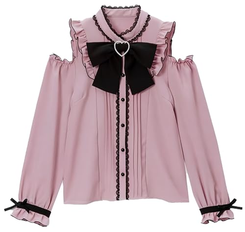 

SUNNYSTEP Women s Lolita Top, Long Sleeves, Heart Print, Off-the-Shoulder, Ribbon, Sickly Cute, Pink, Black, White, Bow Tie, Lace, Ruffles, Mass-Produ
