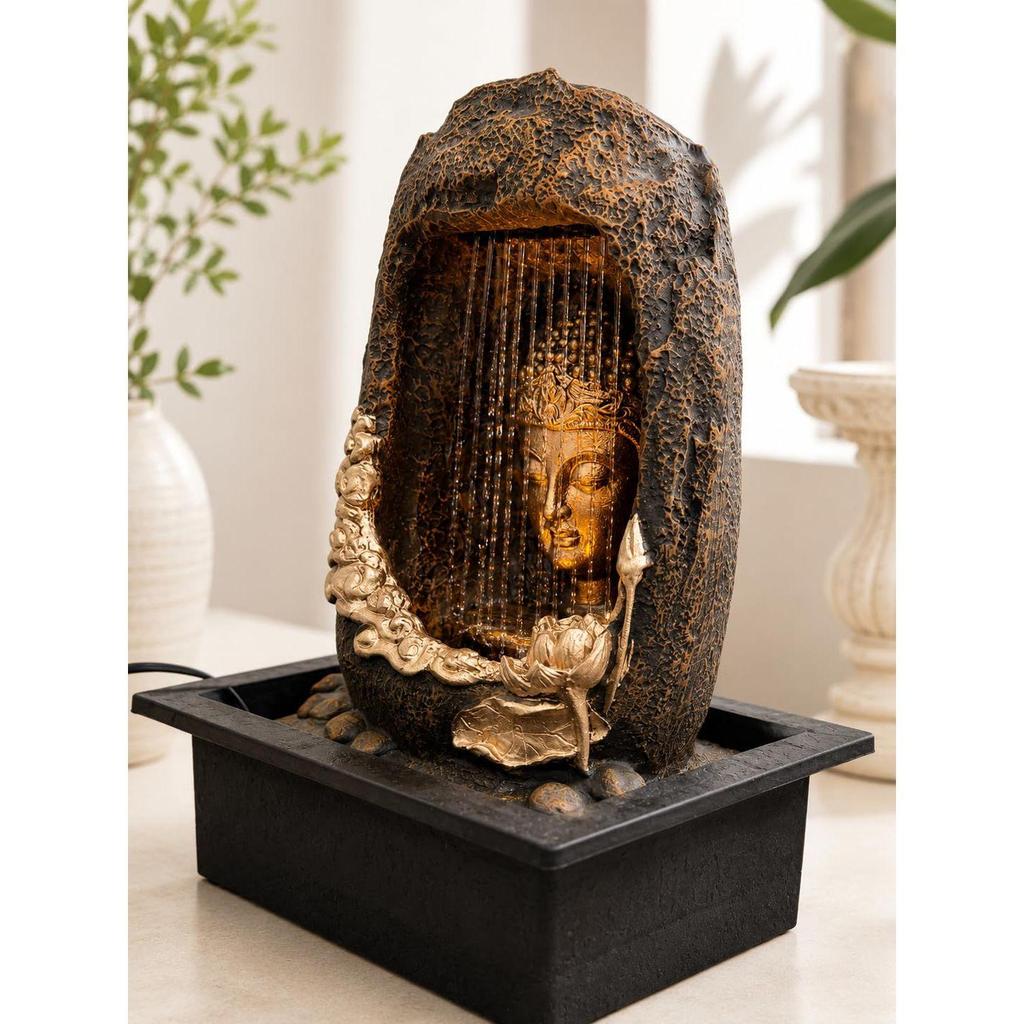 Polyresin Tabletop Gold Brown Meditating Buddha Sitting in Cave Style Indoor Front Curtain Waterfall Fountain for Home Decor