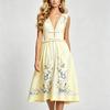 Sexy Deep V-neck Bow-Detail Ruffled Slim A-line Long Dress Women's Summer Sleeveless Floral Rint Cotton-Linen Midi Dress