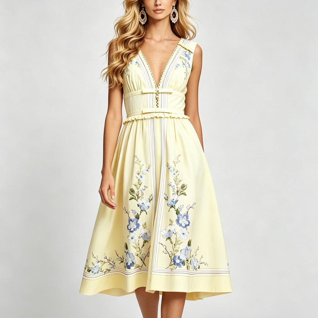 Sexy Deep V-neck Bow-Detail Ruffled Slim A-line Long Dress Women's Summer Sleeveless Floral Rint Cotton-Linen Midi Dress