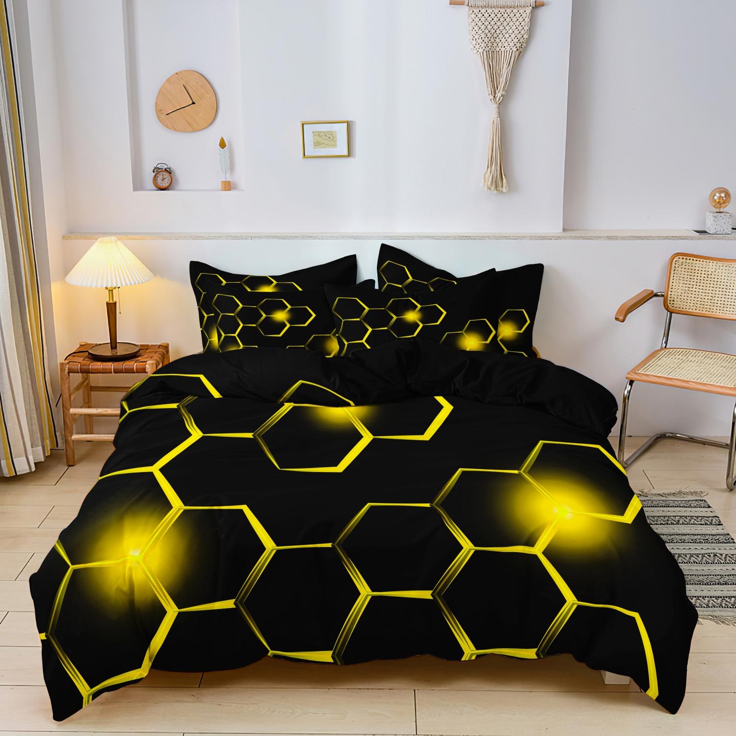 

3pcs Geometric 3D Hexagonal Honeycomb Pattern Duvet Cover Set, Digital Print Colorful Polyester Bedding with Zipper Closure EU Single-135x200cm&set
