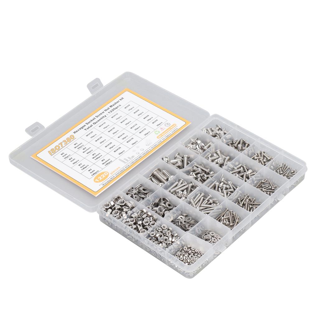 1220 Bucăți Kit Șuruburi cu Cap Hexagonal din Oțel Inoxidabil 304, Piulițe, Saibe, Rezistență Puternică la Uzură M2 M3 M4 M5