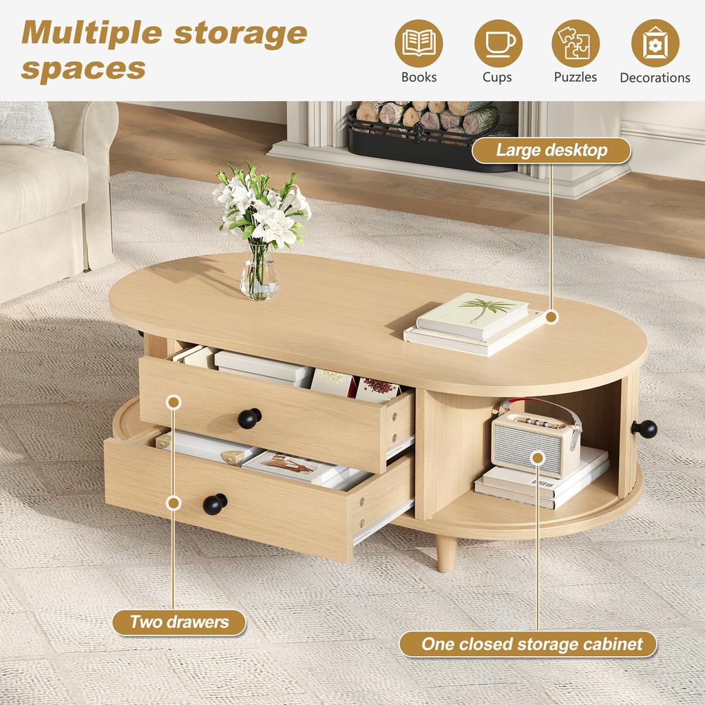 Round Coffee Table with Roller Doors, Light Wood, 2 Drawers, MDF Living Room Table with Solid Wood Legs, 100×50×36cm, Load Capacity Up To 50kg