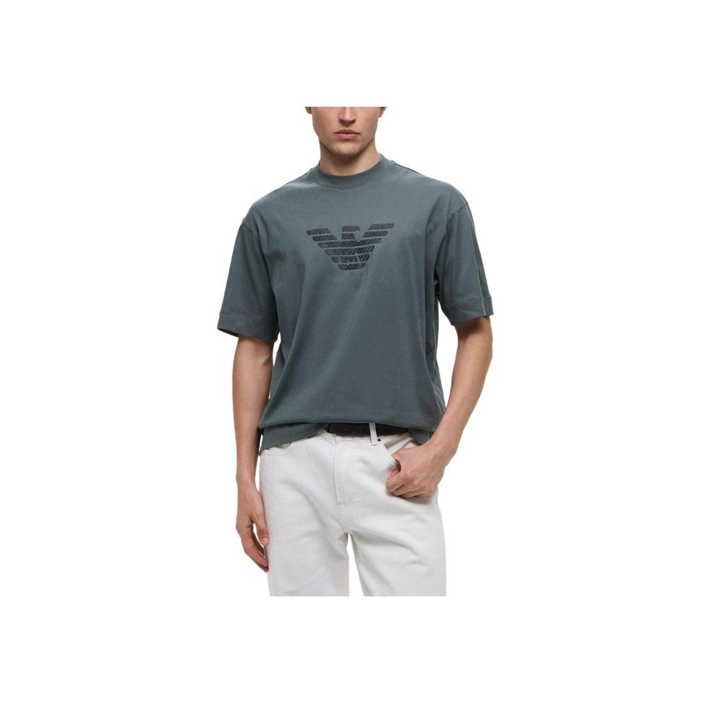 Emporio Armani Ss25 Tričko s výšivkou orla, kulatý výstřih, volný střih, krátký rukáv, Pánské topy, Tmavě zelená, EM001026-AF13669-M9058