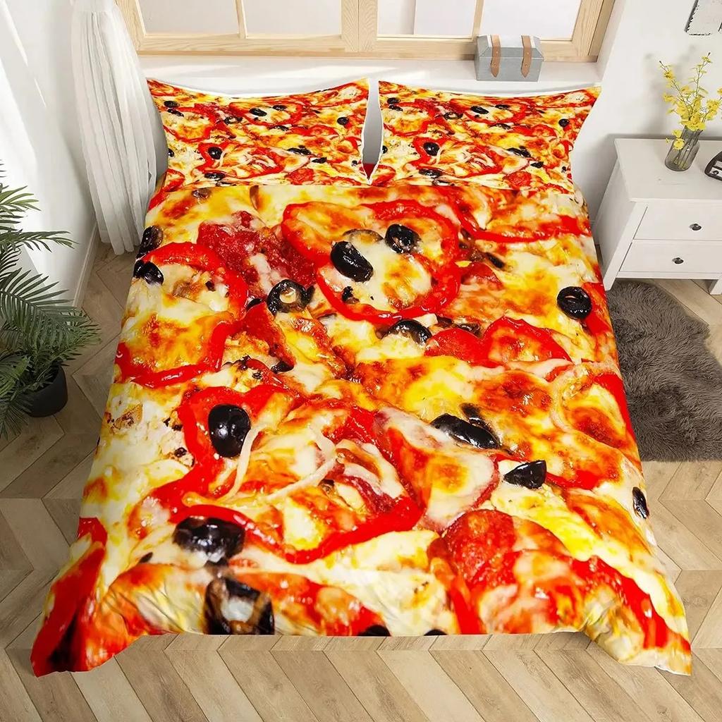 Pizza Bettbezug-Set Käsepizza Bettwäsche-Sets Pepperoni Nudeln Bettdeckenbezug-Set Full Queen Größe Lebensmittel-Thema Gesteppte Decke