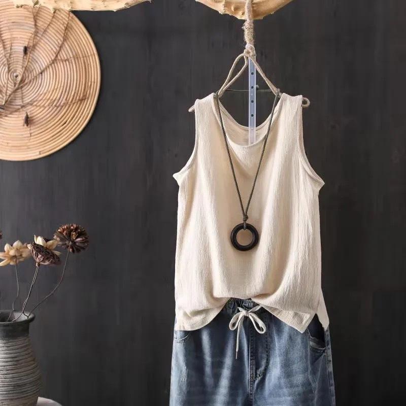Spring/Summer Women's Knitted Tank Top Solid Color Artistic Retro Loose Cotton and Hemp Bottom Shirt Strap Top