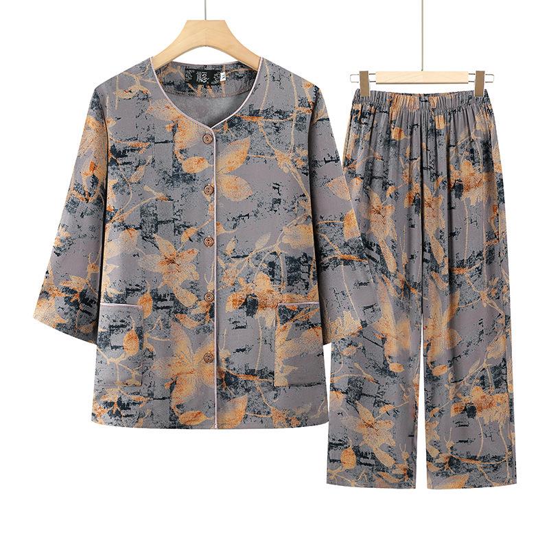 

Summer Clothing Set: Seven-Quarter Sleeve Top, Cardigan, and Pants for Middle-aged and Elderly Women XL -- Recommended 90-105 jin синій
