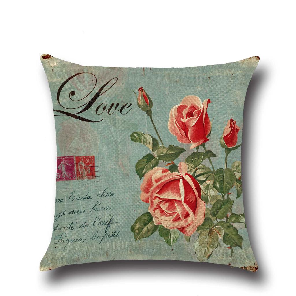 Pure Floral Linen Cushion Rose Pillow for Home Chair Sofa Decorative Oil Painting Flowers Pillowcase