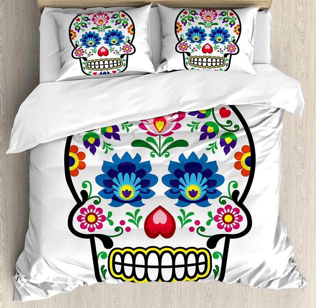 Sugar Skull Bedding Comforter Cover Set Gothic Duvet Cover Twin/Full/Queen/King Set 3 Pieces Soft Microfiber Duvet Cover