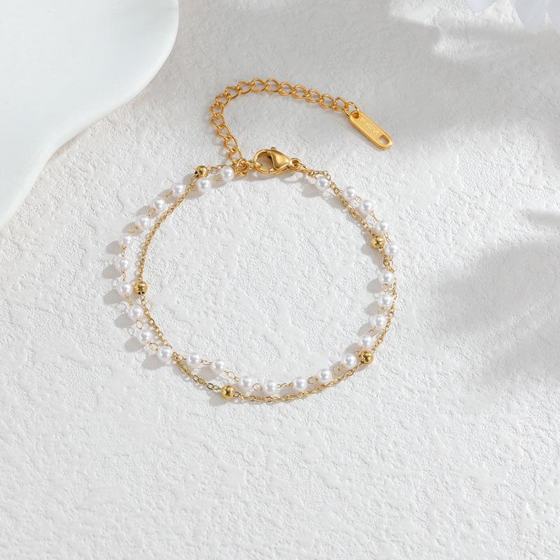 Элегантный двухслойный жемчужный браслет - Минималистичный дизайн из 18-каратного золота для женщин