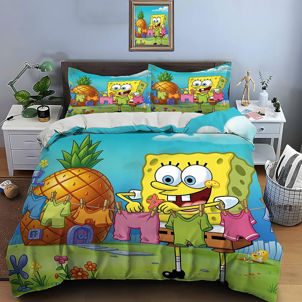 Multiple Sizes Spongebob Cartoon Print Bedding Set 1 Duvet Cover 2 Pillowcases Adult And Kids Bedding Set Luxury Gifts