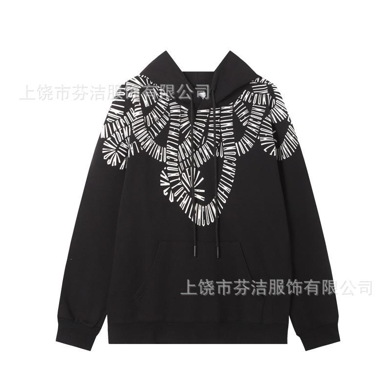 American street lightning wing print jacket men's and women's autumn and winter black loose shoulder heavy trendy hooded top