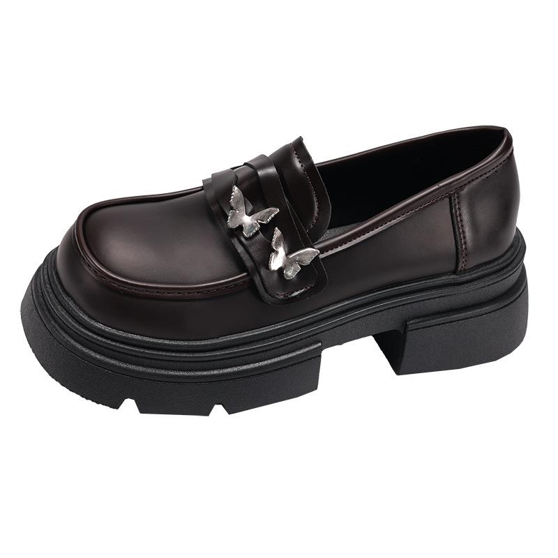 Black retro small man thick-soled heightening small leather shoes women's 2025 new summer British style with skirt loafers