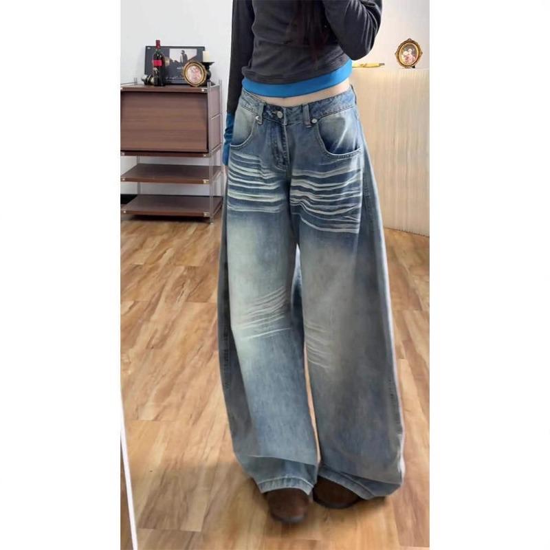 Washed Low-rise Velvet Thickened Wide-leg Jeans for Women, Loose and Thin Floor-mopping Scimitar Pants for Autumn and Winter