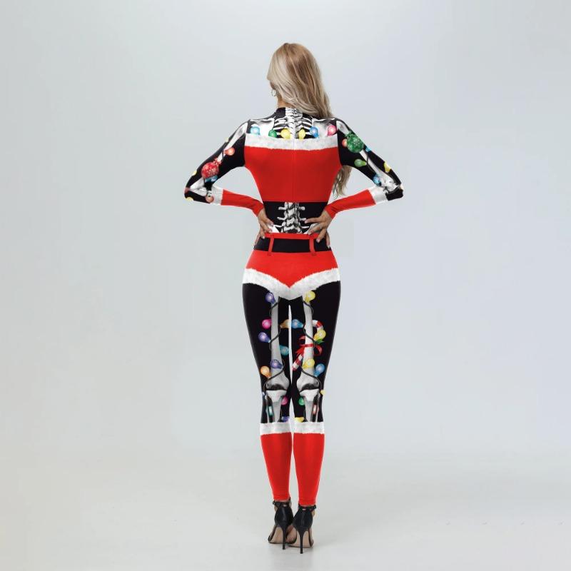 Women Sexy Striped Print Jumpsuit Christmas Adult Bodysuit Holiday Party Zentai Suit Christmas Gift Long Sleeve Slim Catsuit New