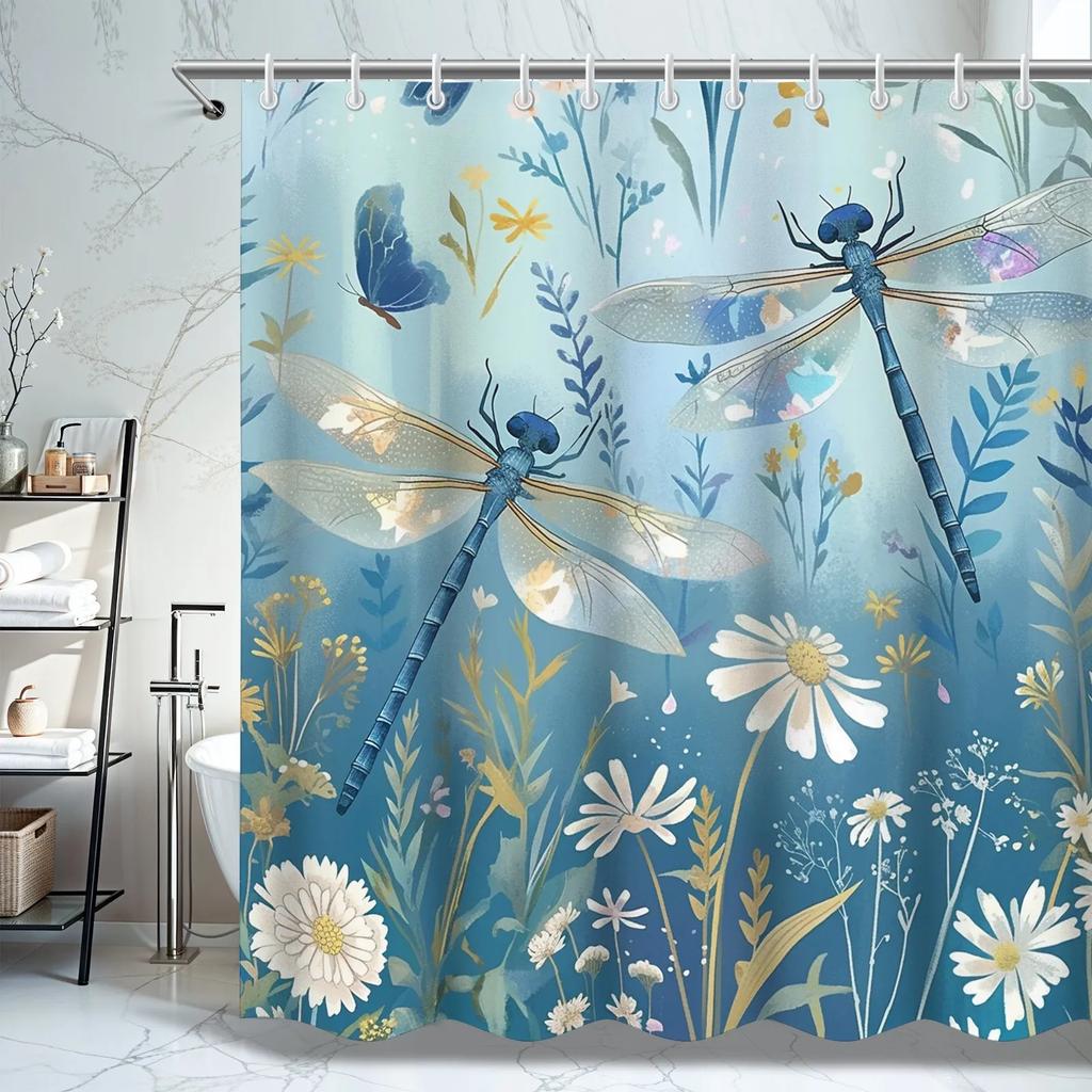 Dragonfly & Floral Shower Curtain-Durable Polyester,Artistic All-Season Design,Easy Install Hooks,Nature-Inspired Bathroom De