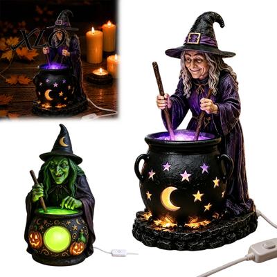 Halloween Witch Cauldron Decor Statue with Glowing Cauldron, USB Powered Resin Black Creative Gift for Friends Pot Figurine Green/Purple LED