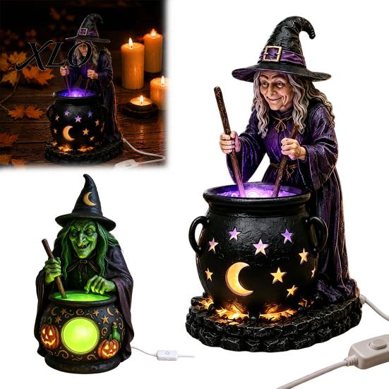 Halloweenowa Statuetka Kociołka Czarownicy ze Świecącym Kociołkiem, Zasilana przez USB Żywica Czarna Kreatywny Prezent dla Przyjaciół Figurka Garnka Zielona/Fioletowa LED