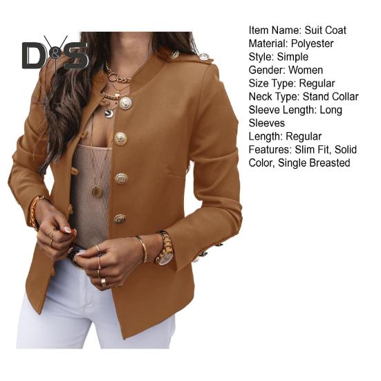 Women Suit Coat Stand Collar Long Sleeve Single Breasted Suit Jacket Solid Color Slim Fit Office Business Outwear