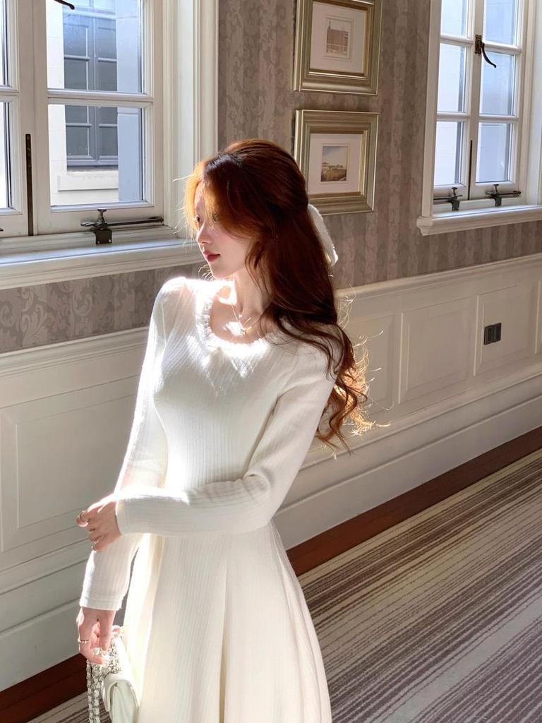 Elegant French Long Sleeve Dress for Women Autumn Casual Minimalist Boutique Inner Wear White Long Dress New Style
