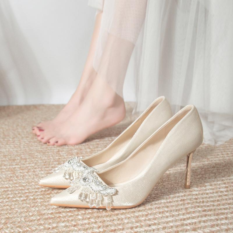 

Модные Классические Туфли-лодочки Женские Слипоны Тонкий Высокий Каблук Острый Носок Свадебная Вечеринка Женская Обувь Кристальная Нить Бусины Летняя Обувь 40
