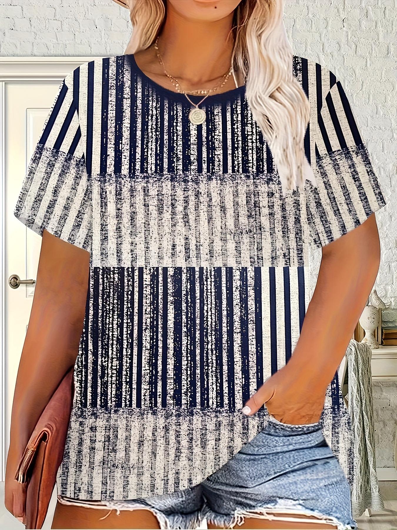 

Plus Size Women s Elegant Retro Horizontal Stripe T-Shirt - Navy and White Contrast Short Sleeve Top XXS