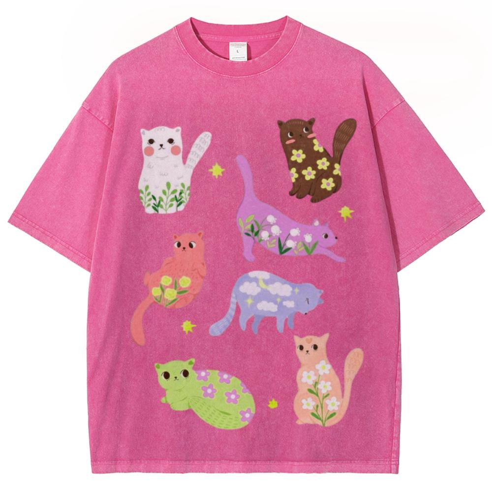 Cartoon Animal Print Women Distressed T-Shirt Oversized Vintage Distressed Short Sleeve Unisex Wash Cute Top