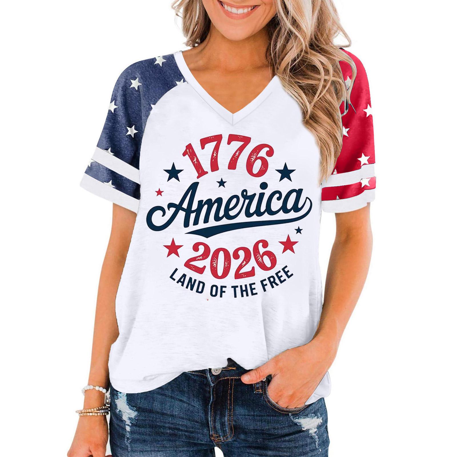

Women V Neck Short Sleeve Pullover T Shirt Casual Loose Fit Patriotic Print Independence Day Top L