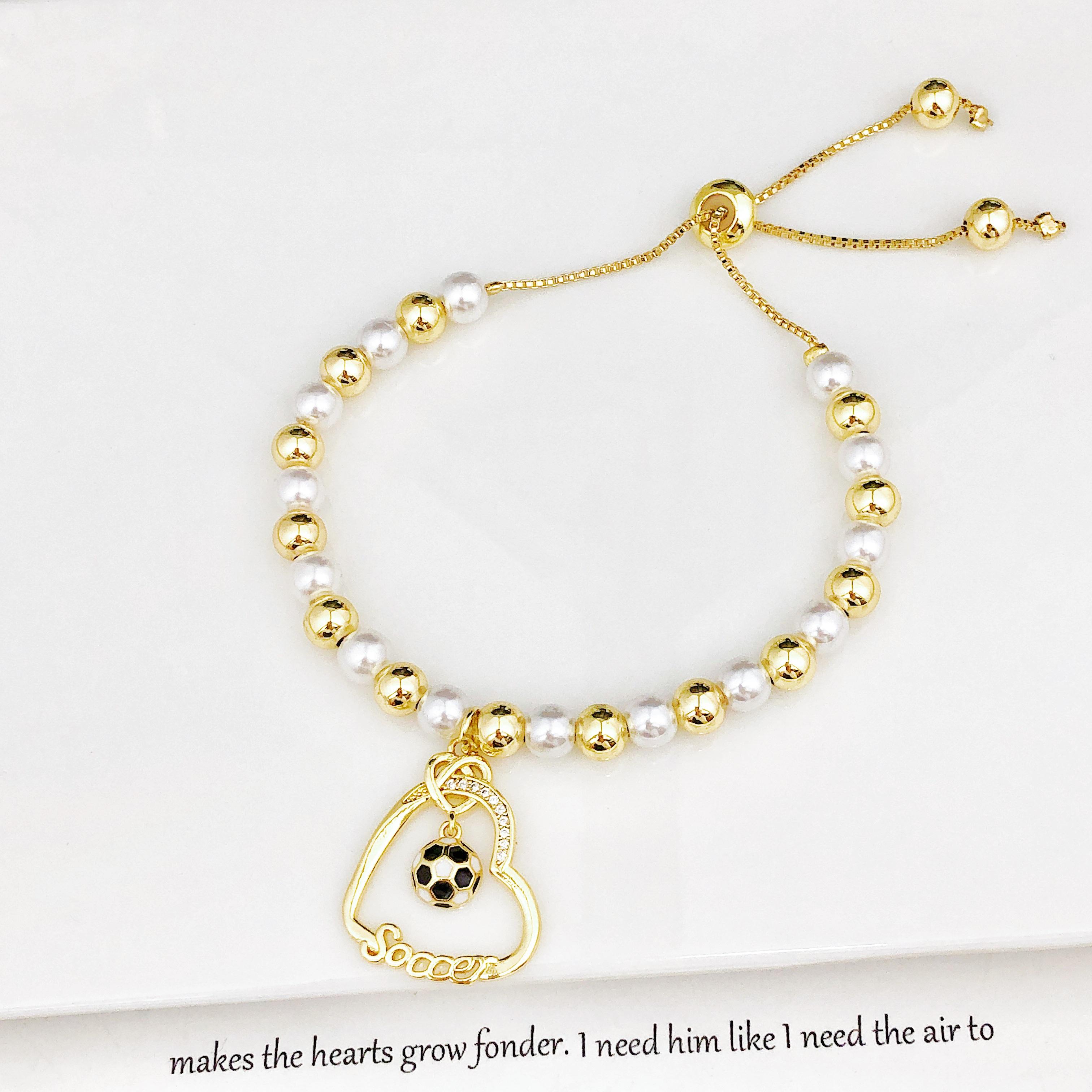 

New Design Heart-Shaped Enamel Art Football Copper Bead Chain Adjustable Bracelet for Men Women Sports Style Zircon Accessories