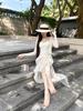 Elegant Imported Acetate Spliced Tulle Maxi Camisole Dress - Slim Fit Goddess Seaside Vacation Fishtail Design
