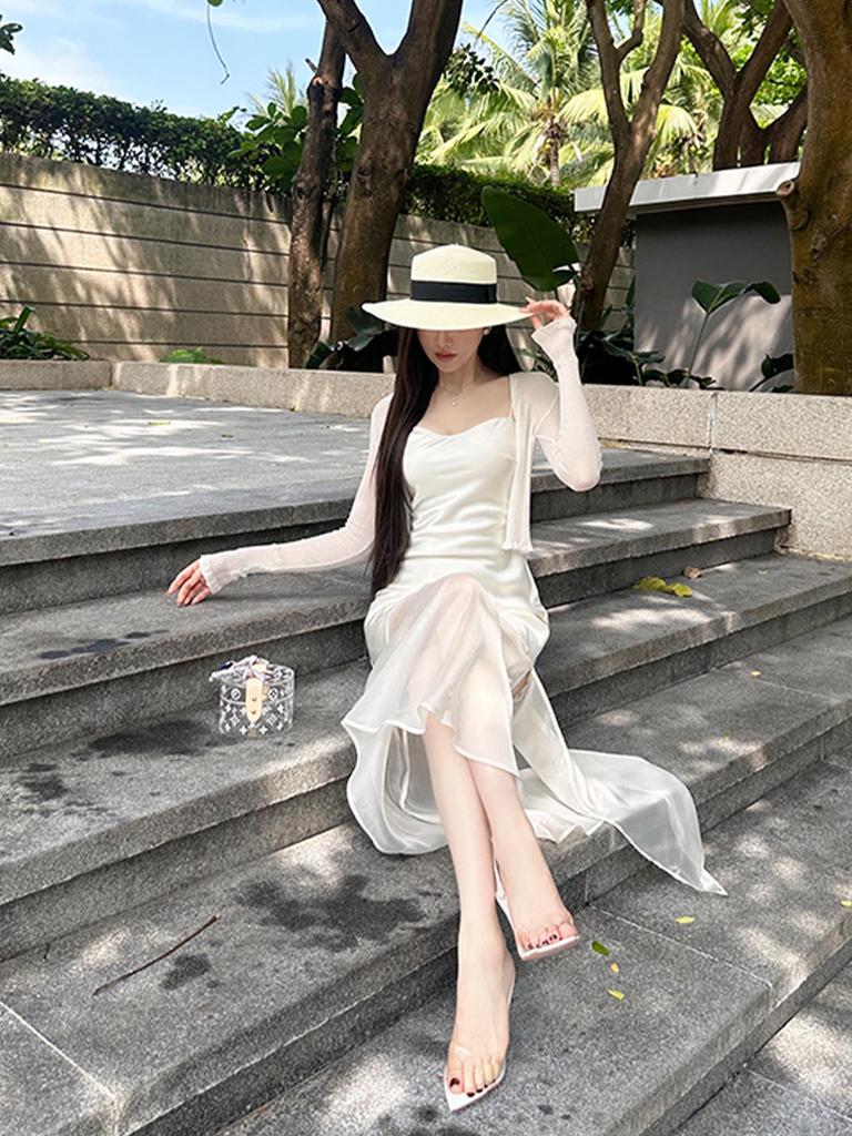 Elegant Imported Acetate Spliced Tulle Maxi Camisole Dress - Slim Fit Goddess Seaside Vacation Fishtail Design