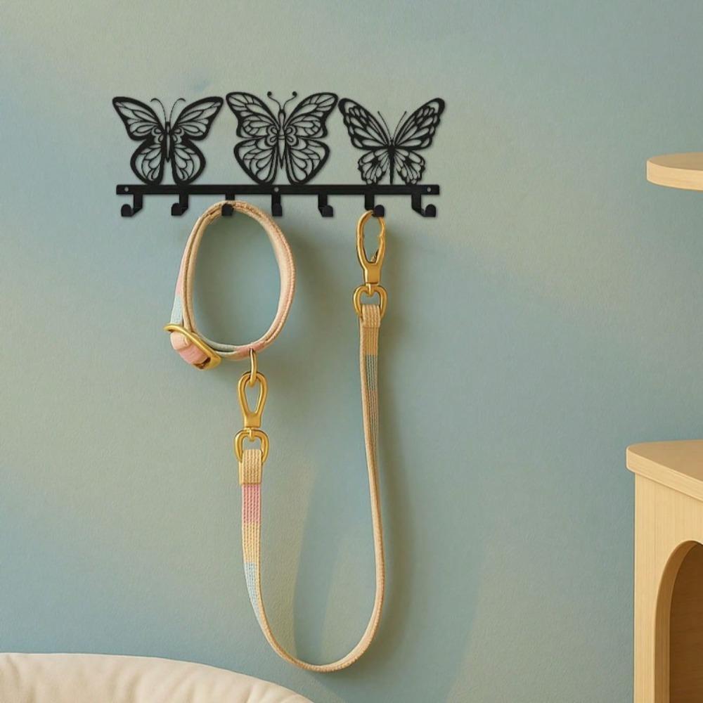 Modern Butterfly Wall Mount Key Holder 7 Hooks Space Saving Black Metal Key Organizer