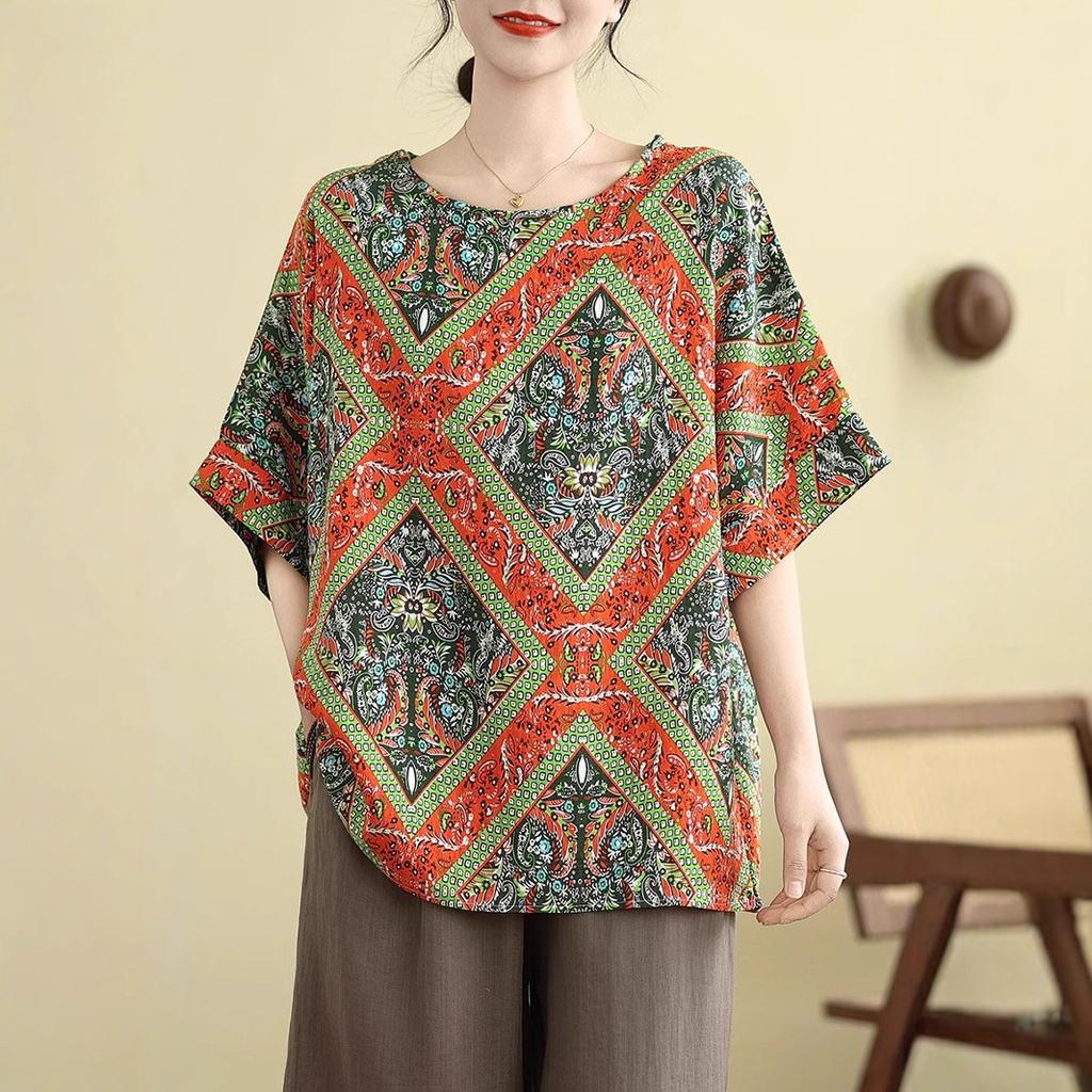 Cotton and Linen Large Size Loose Slim Top Summer Ethnic Style Middle-aged and Elderly Retro Casual Versatile Belly-covering Short-sleeved T-shirt