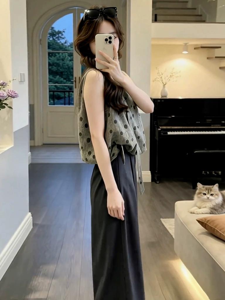 Unique and beautiful summer Korean polka dot top wide-leg pants children cold and relaxed wear two-piece set