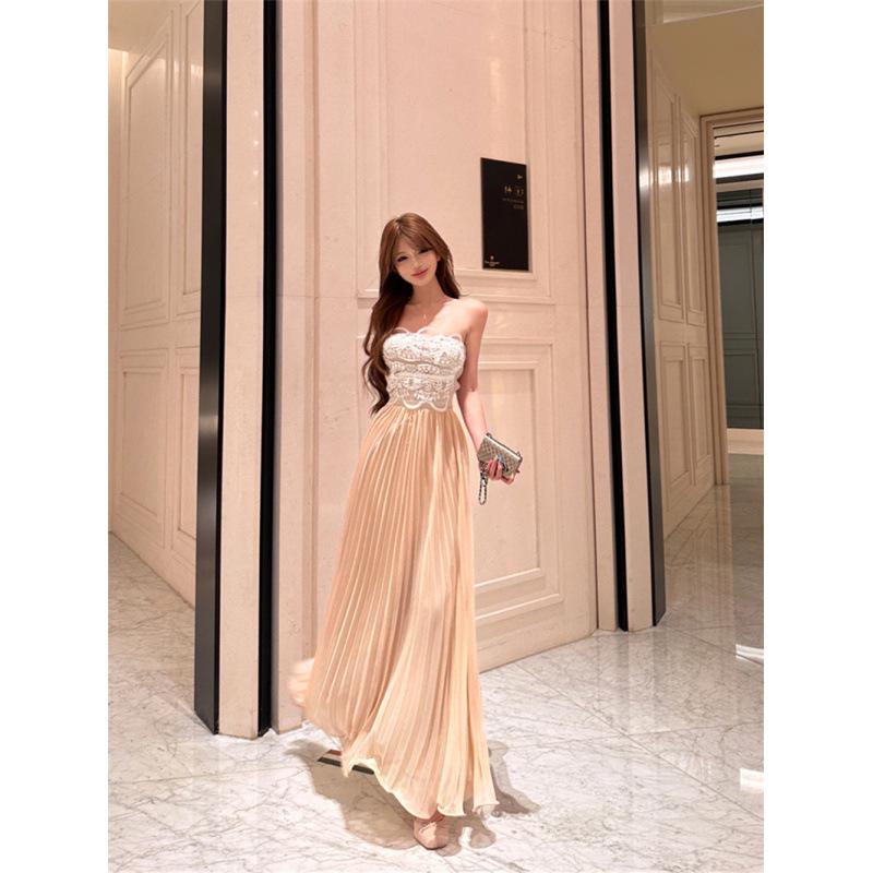 Весеннее облегающее платье-миди без бретелей, плиссированное, с кружевными элементами, в французском стиле, для женщин Small