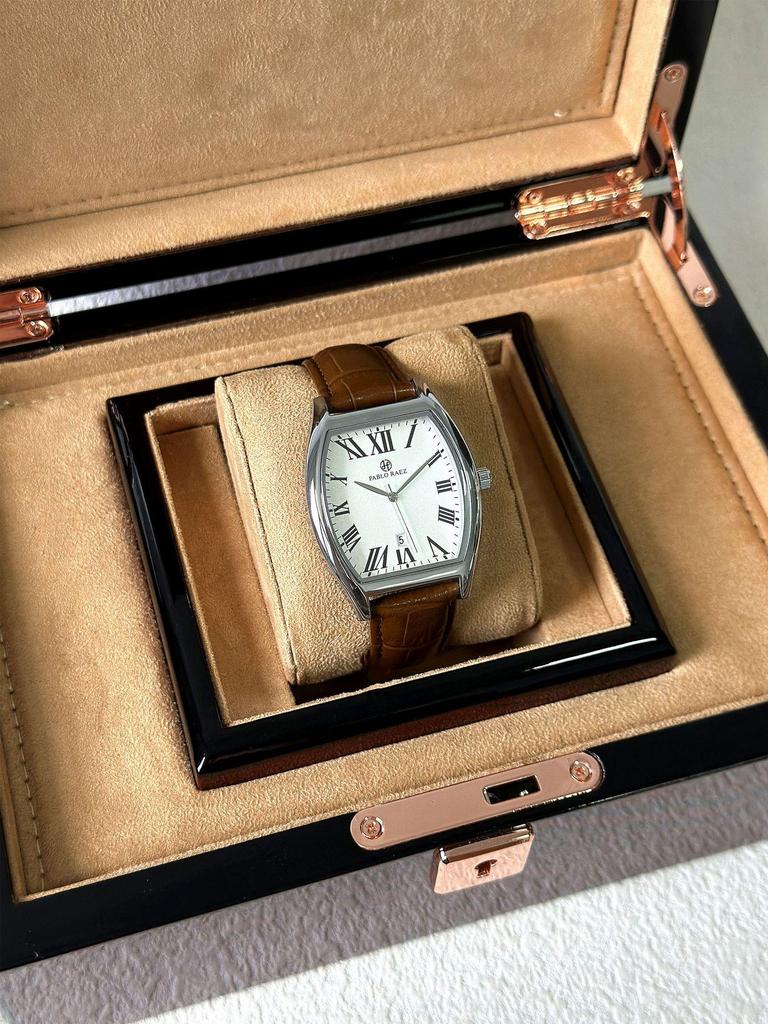 Pablo Raez Barrel Watch: Waterproof Leather Strap, Calendar, Casual Men's Style.