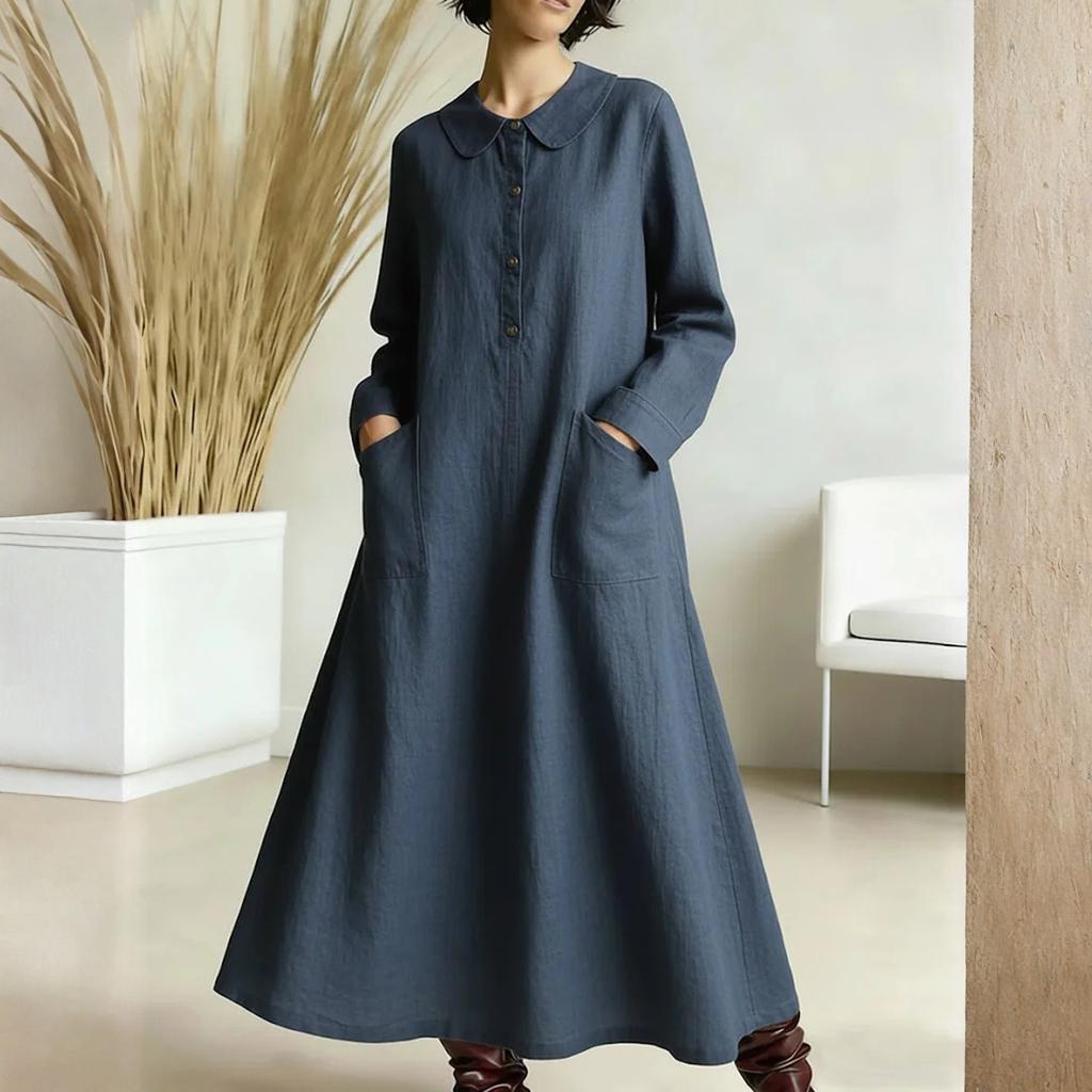 Women's -color Mid-length Loose-fitting Dress With Large Pockets And Casual