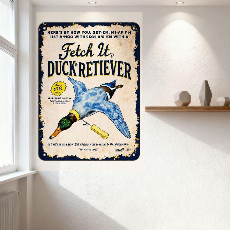 Vintage Mallard Duck Fetch It Dog Toy Tin Sign - Blue Border Yellow Distressed Edge Metal Sign for Home Bar Pub Wall Decor, Only