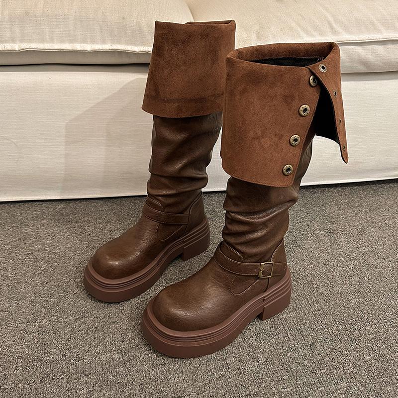 Fashion Women's Winter Studded Knee-high Boots Square Heel Round Head Middle Follow High Boots Sleeve Outdoor Leisure Fashion Shoes 2024