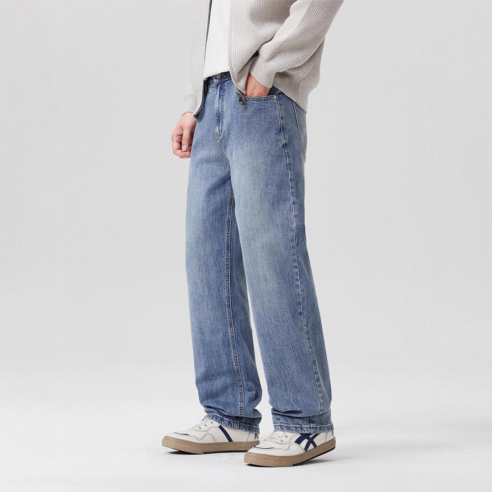 Street style handsome men's elastic denim commuting comfortable loose straight pants wide leg drape trendy jeans