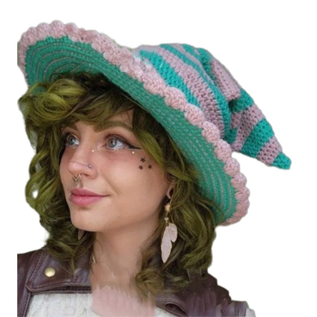 Knitting Witch Hat Costume for Women Men Teenagers for Party Decorations Crocheted Wizard Cap