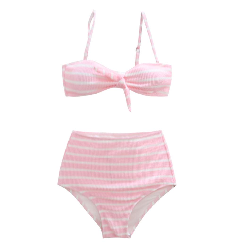 

Корейский купальник-двойка в полоску с высокой талией: Сексуальные трусики-треугольники для отпуска Medium розовый