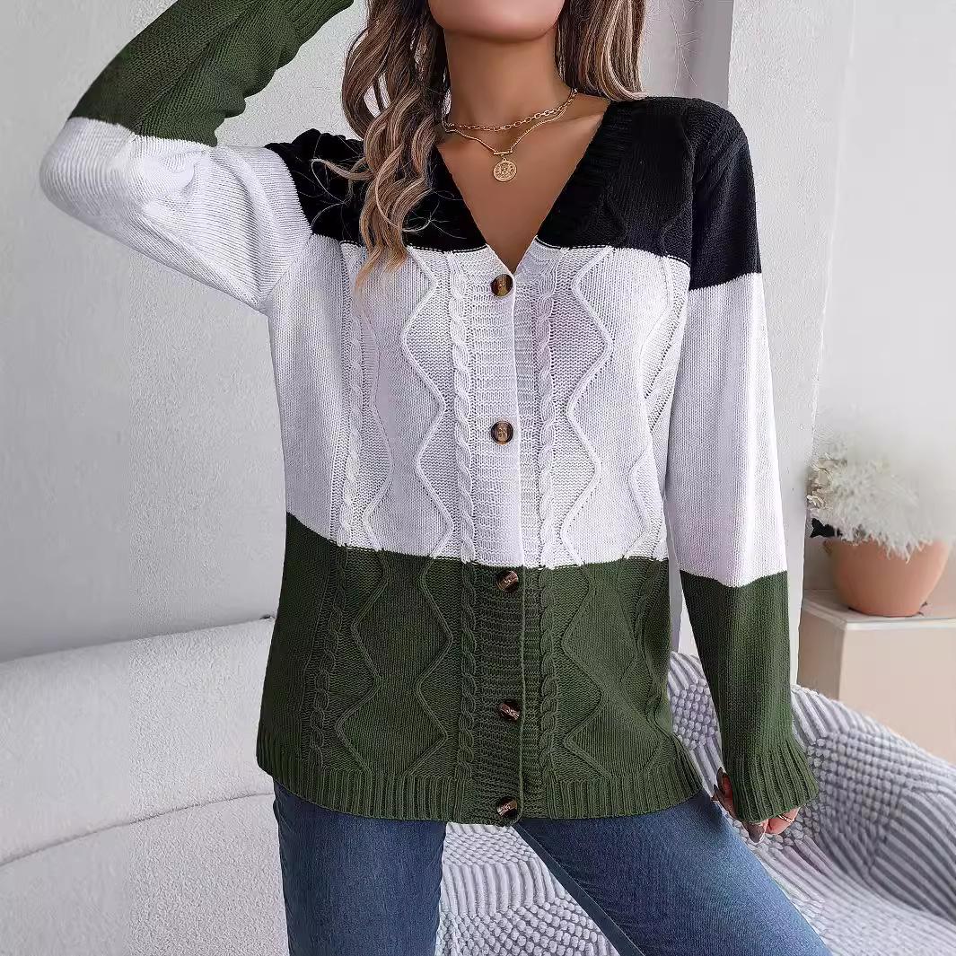 

Женские кардиганы с V-образным вырезом на пуговицах, вязаный джемпер, модный свитер с длинным рукавом в стиле колор-блок, верхняя одежда, кардиганы, куртка L армия зеленый