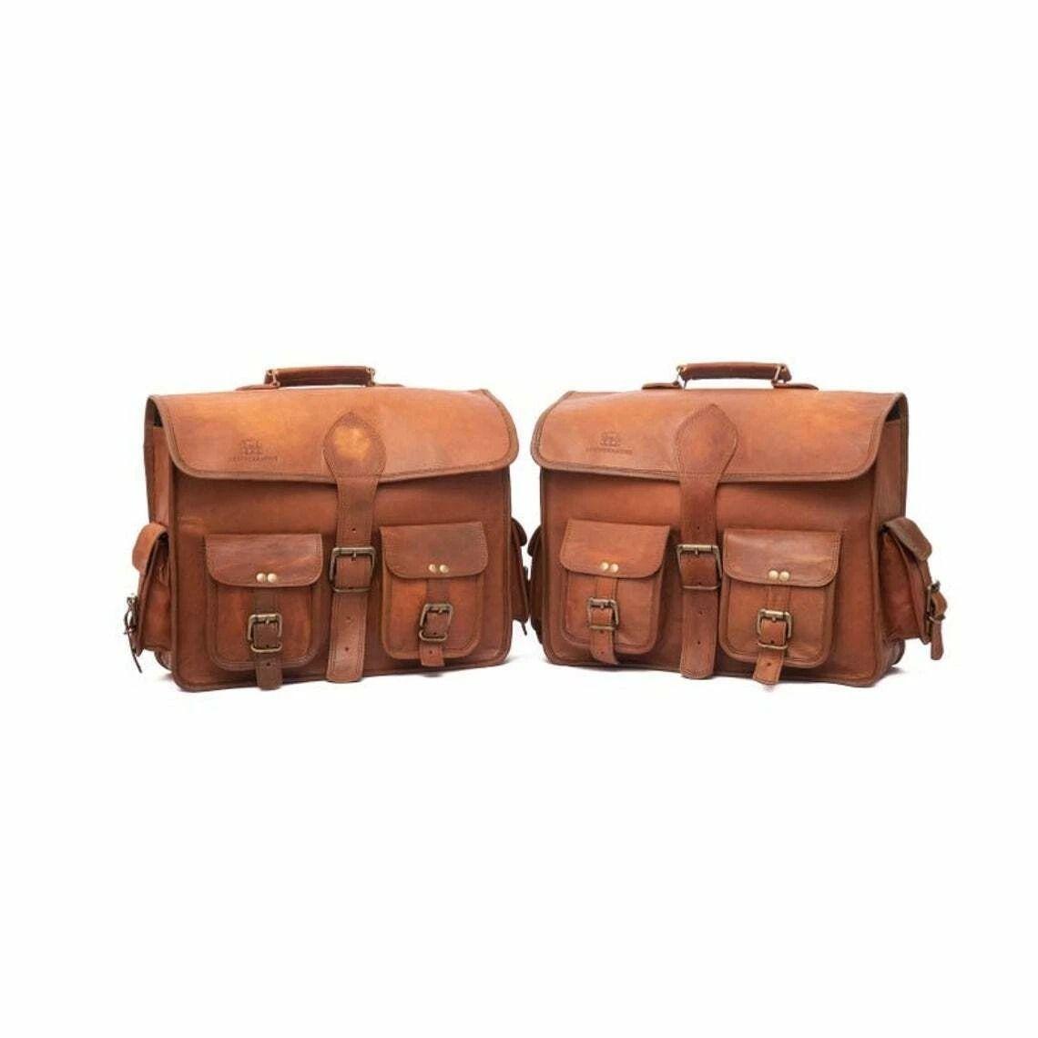

2 Side Brown Leather Motorcycle Side Pouch 2 Bags Saddlebags Saddle Panniers 13 x 10 x 4 in