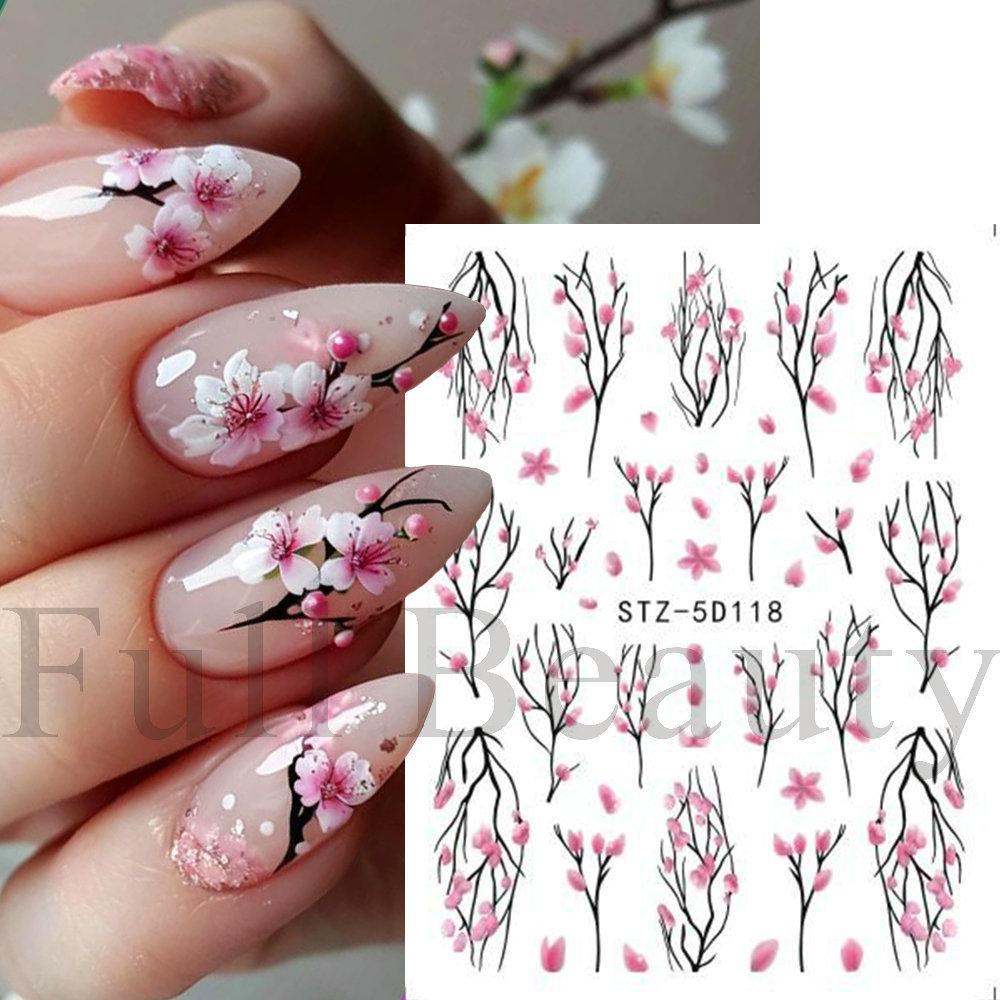Nail Art Sticker, Relief 5D Three-Dimensional Spring Pink Cherry Blossom Small Flower Adhesive Nail Sticker