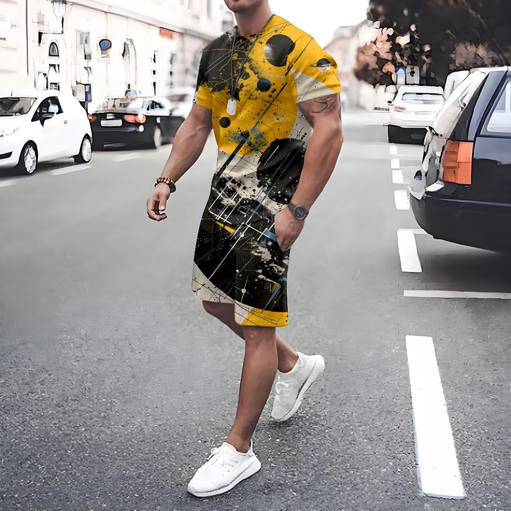 Plus Size Men's T-shirt Shorts 2-piece Set Men's Drawstring Side Pocket Shorts Sports Short Sleeve Tee Summer New Men's Clothing