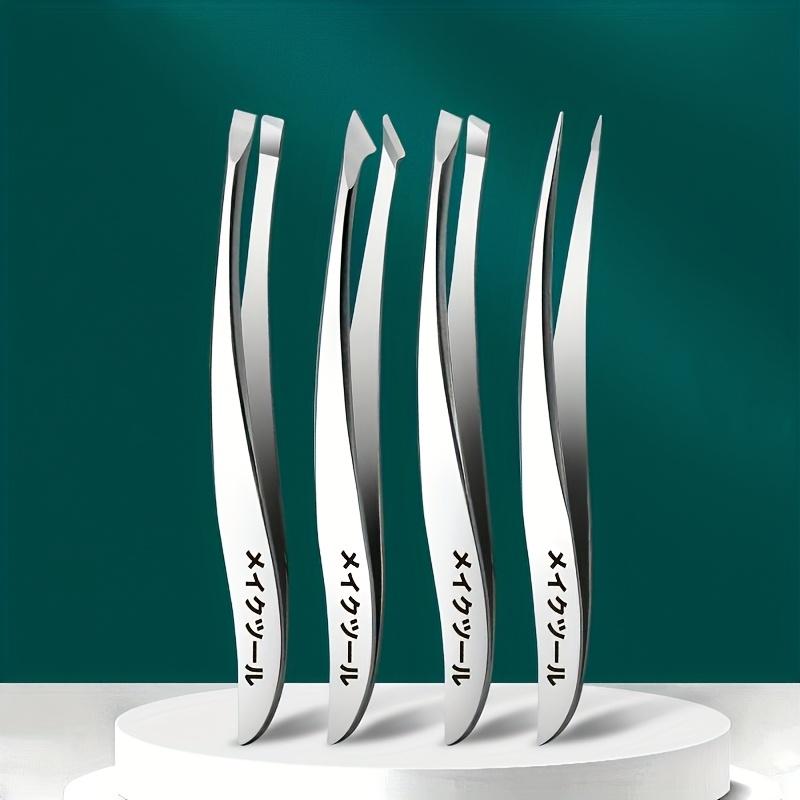 4pcs Precision Stainless Steel Tweezers Set - Eyebrow, Nose & Facial Hair Removal, Fragrance-Free, Glossy Finish