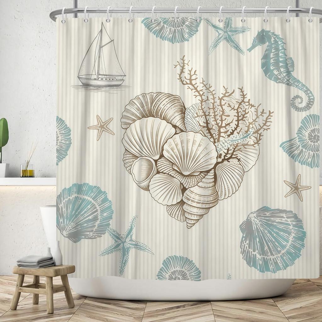 Nautical Theme Shower Curtain With Hooks Sailboat Anchor Seashells Starfish Waves Watercolour Art Modern Bathroom Curtain Decor